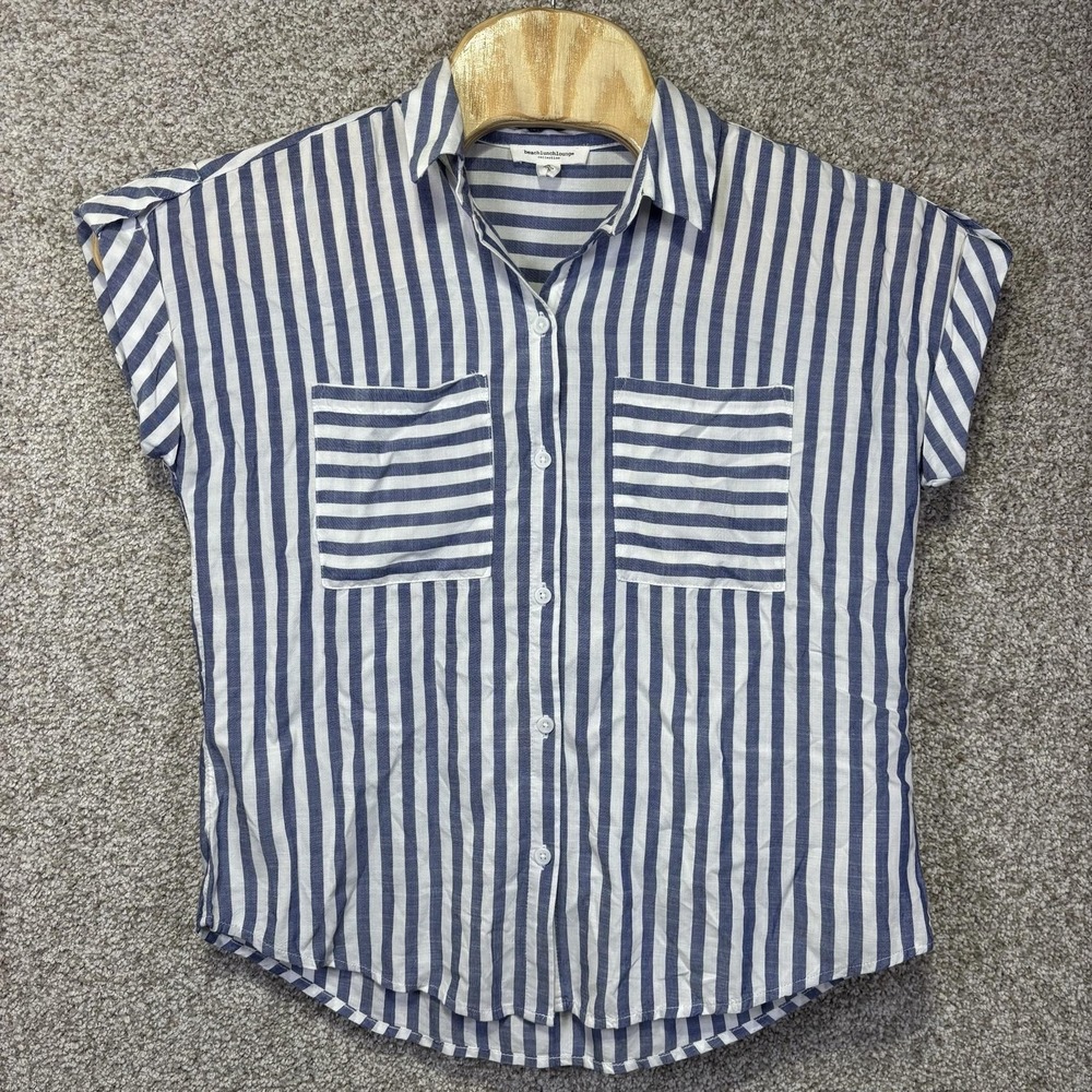 Beachlunchlounge Blue Stripe Short Sleeve Button Up Shirt Womens Small LTTS812